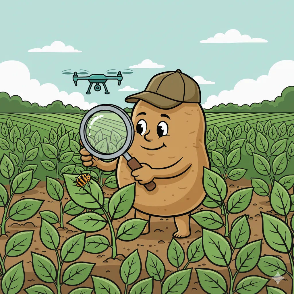 Mascotte pomme de terre inspectant les plants avec une loupe et un drone en arrière-plan