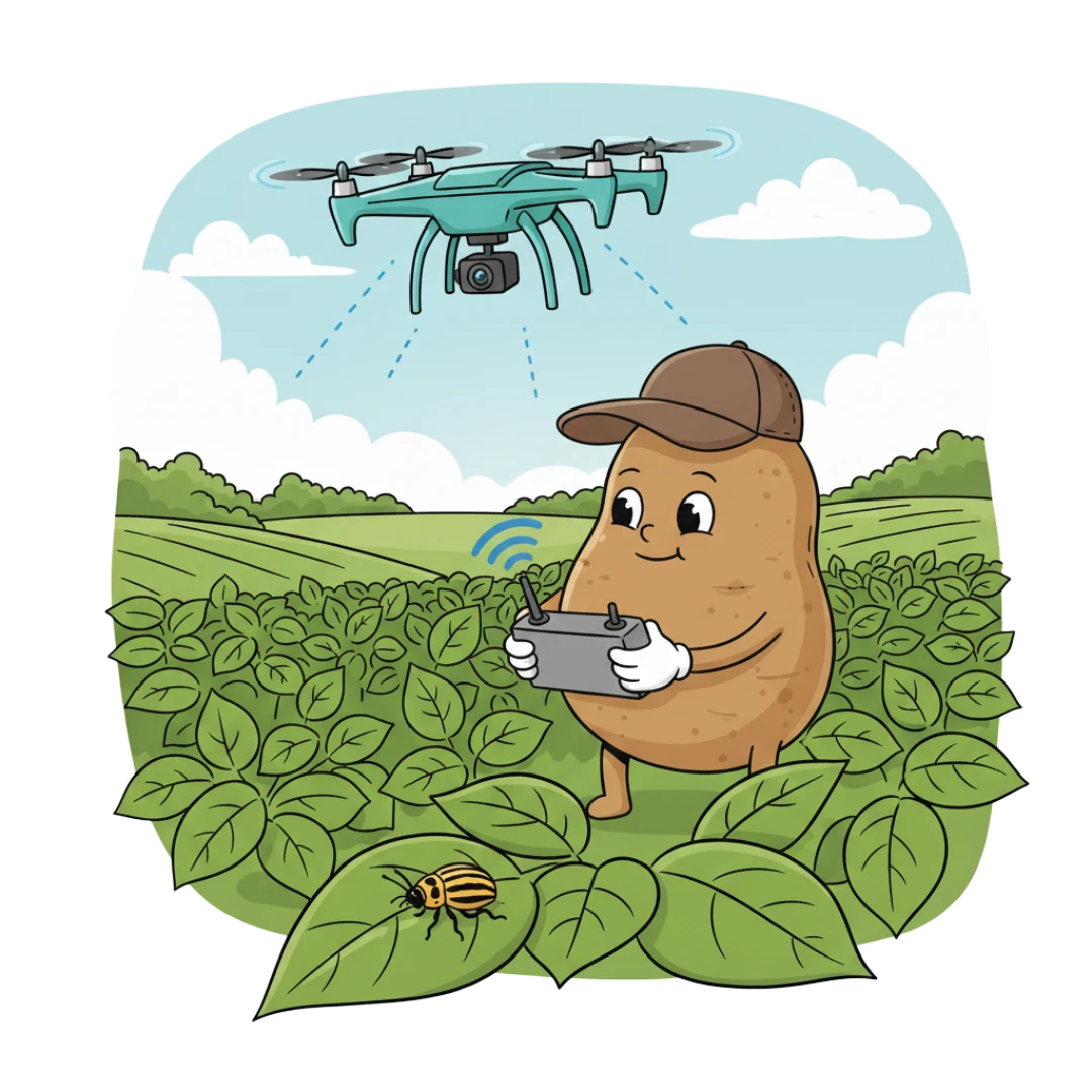 Mascotte pomme de terre pilotant un drone au-dessus d'un champ avec un doryphore sur une feuille