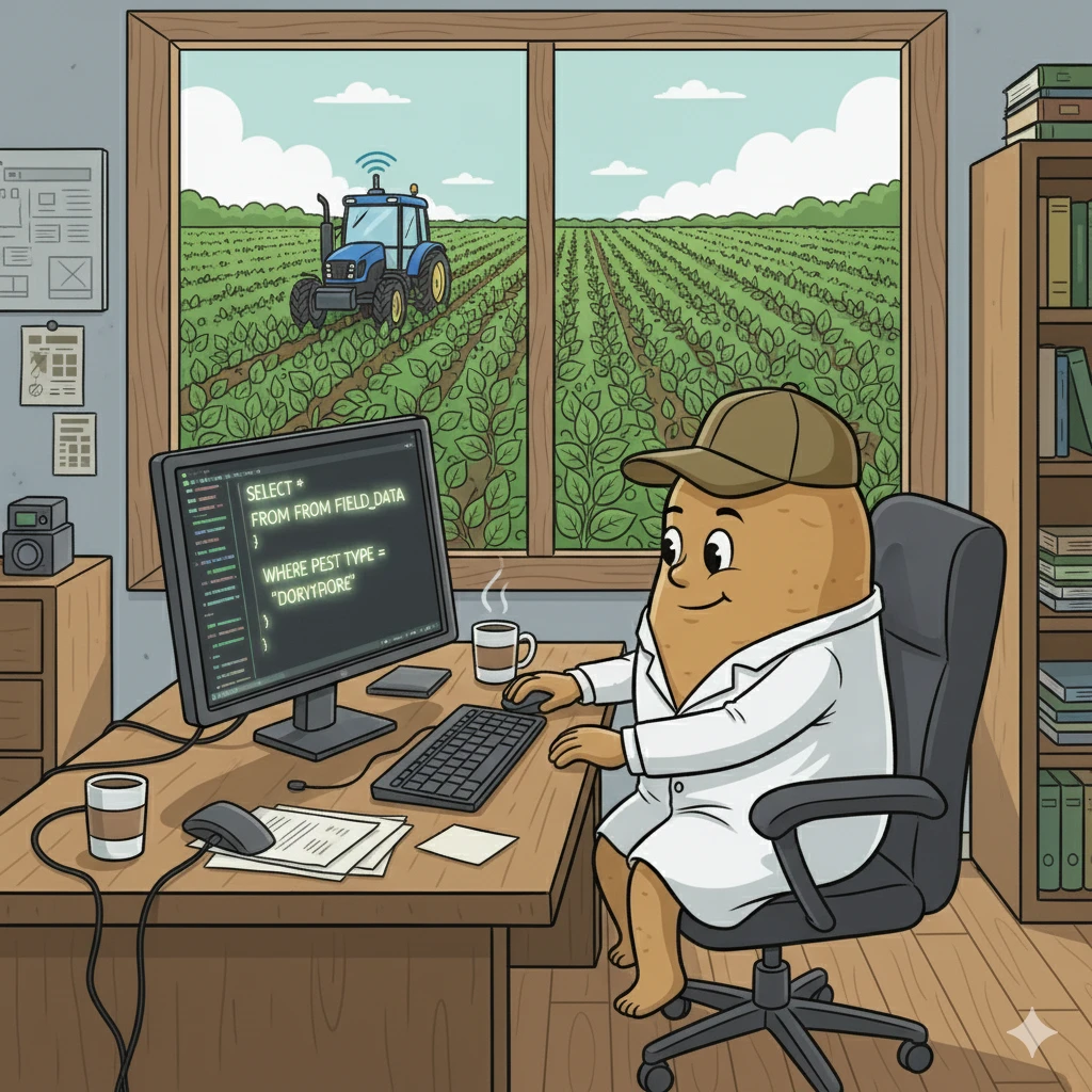 Mascotte chercheuse interrogeant une base de données SQL avec un tracteur connecté dans le champ