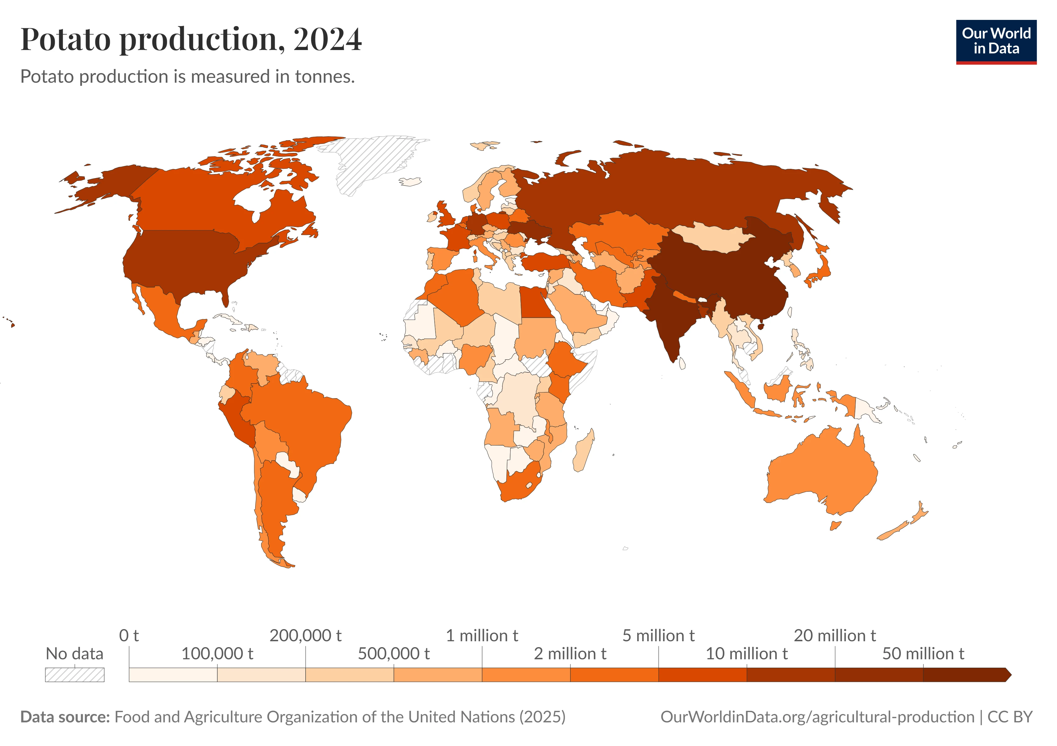 Carte de la distribution de la production de pomme de terre au monde en 2024